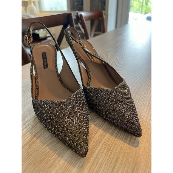 Stuart Weitzman Womens 75mm Slingback Heel Gold Bronze Glitter Crystal Mesh 9.5 - Picture 3 of 8